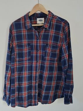 Old Navy Womens Navy & Red Plaid Button-Up Shirt Xl Cottony Flannel